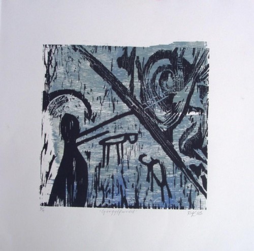 Jen Ruth Evans 'Gorgyffwrdd' woodcut