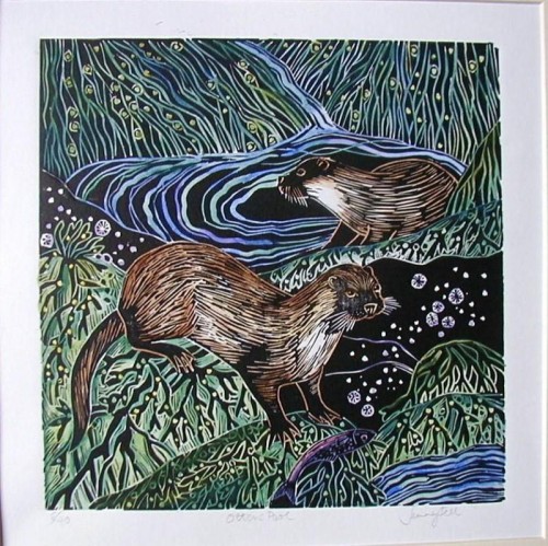 Jenny Fell 'Otter Pool' Hand coloured linocut