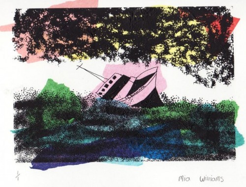 Mia Williams New Traditions in Print Llanrhidian School screenprint with Chîne collé