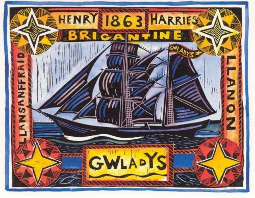 Stuart Evans 'Gwladys' linocut and handcolouring