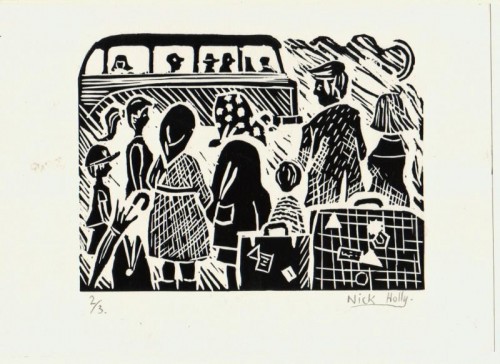 Nick Holly 'waiting for the bus' linocut
